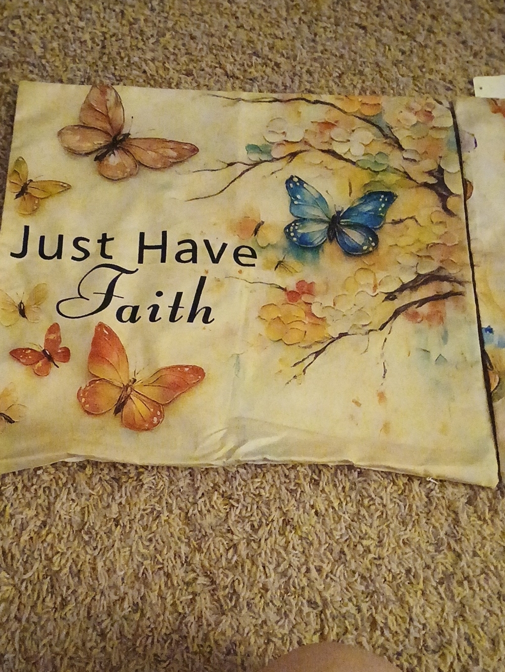 Decorative Butterfly Pillowcase - "Just Have Faith" - Blue & Orange Butterflies